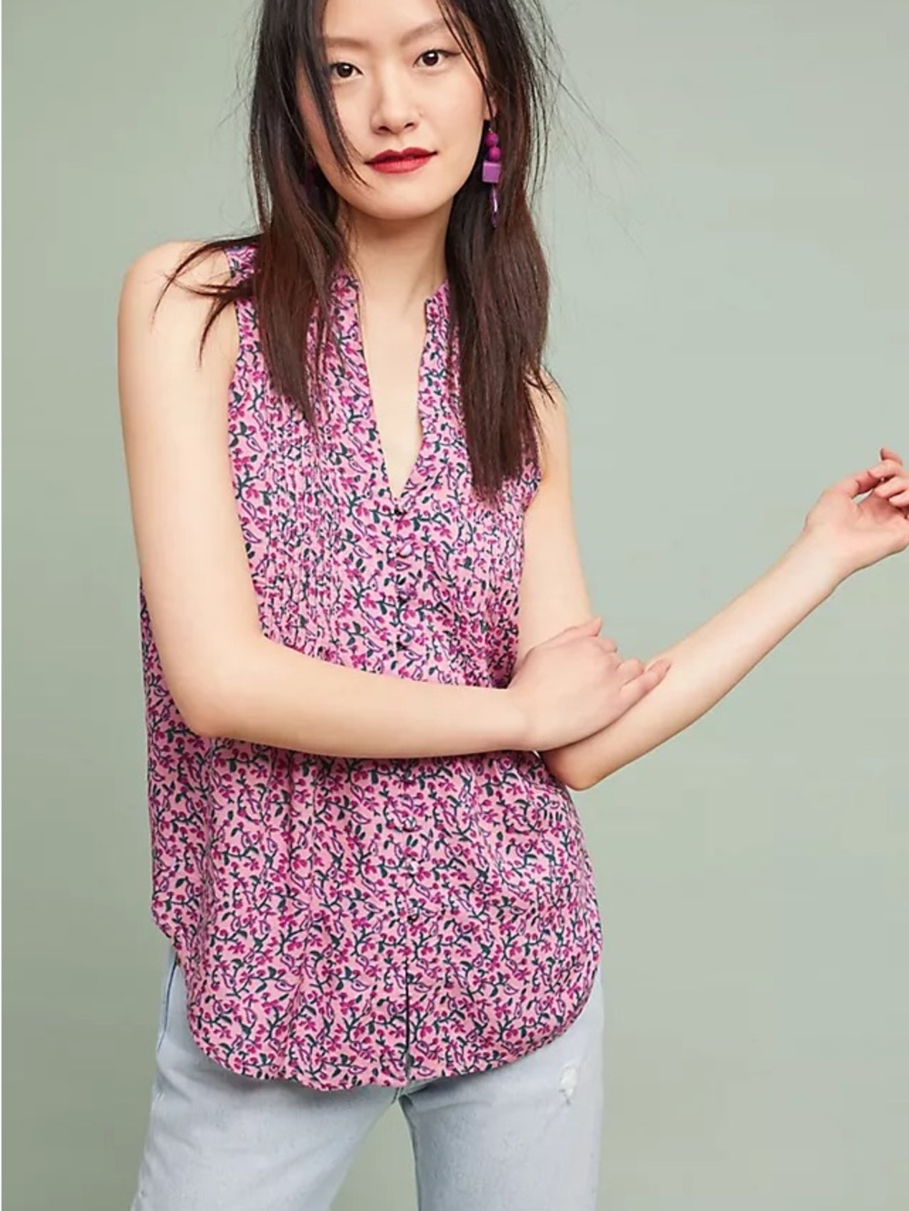 Maeve by Anthropologie Petunia Pintucked Floral Blouse Pink Blue Boho Top